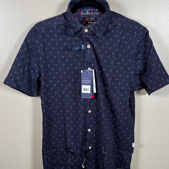Stone Rose Men's Dark Blue Patterned Short Sleeve Button Down Shirt - Picture 10 of 10